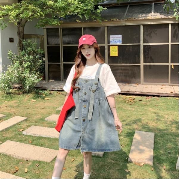 여성 데님 멜빵 원피스 워싱 빈티지 버튼 A라인 미니 루즈핏 서스펜더 숏 원피스 여름 캐주얼 데일리룩 11278 - 상품 이미지
