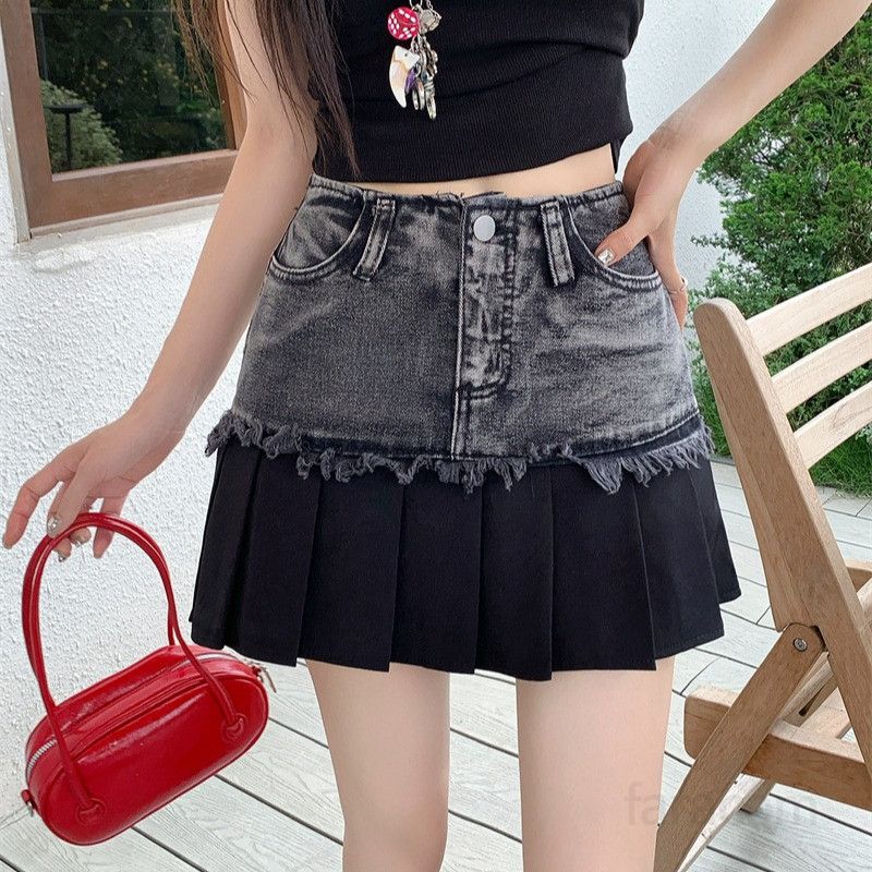 하이웨스트 A라인 데님 플리츠 미니스커트 봄 여름 Y2K 워싱 배색 청치마 스트릿룩 8735