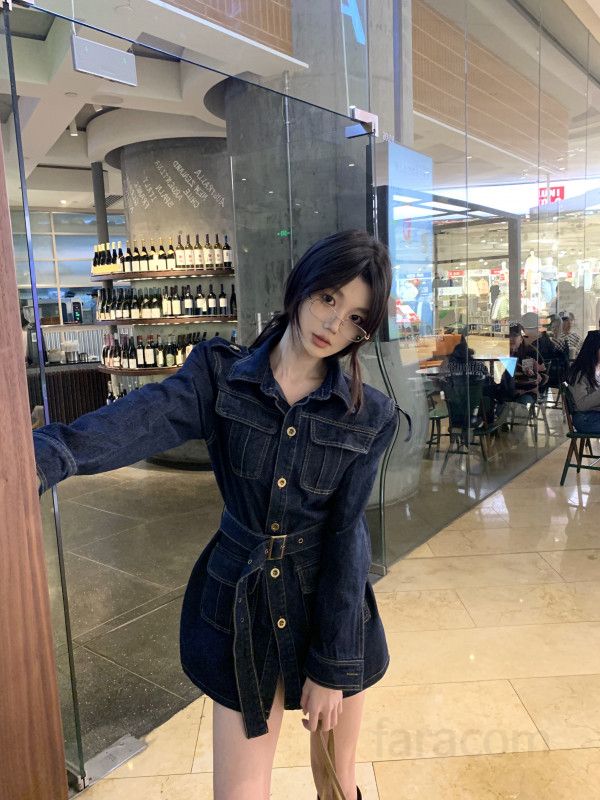 야상형 데님 셔츠 원피스 여성 루즈핏 미디기장 포켓 청자켓  가을 시크 무드 간절기 데일리 아우터 11450 - 상세 이미지 5
