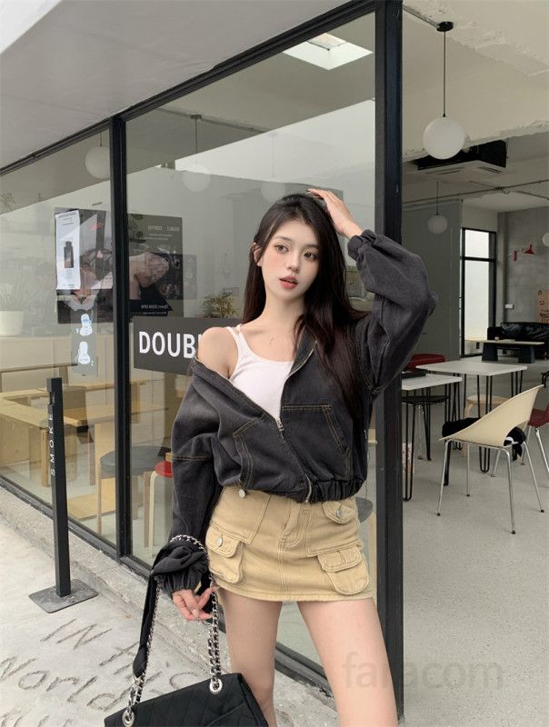 빈티지 워싱 크롭 데님 후드집업 여성 루즈핏  가을 벌룬소매 밑단밴딩 캐주얼 스트릿 무드 데일리 간절기 아우터 11413 - 상세 이미지 4
