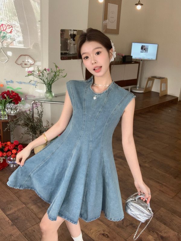 여름 A라인 플레어 민소매 데님 원피스 빈티지 워싱 뒷지퍼 하이웨스트 미니 청원피스 라운드넥 데이트룩 11256 - 상세 이미지 5