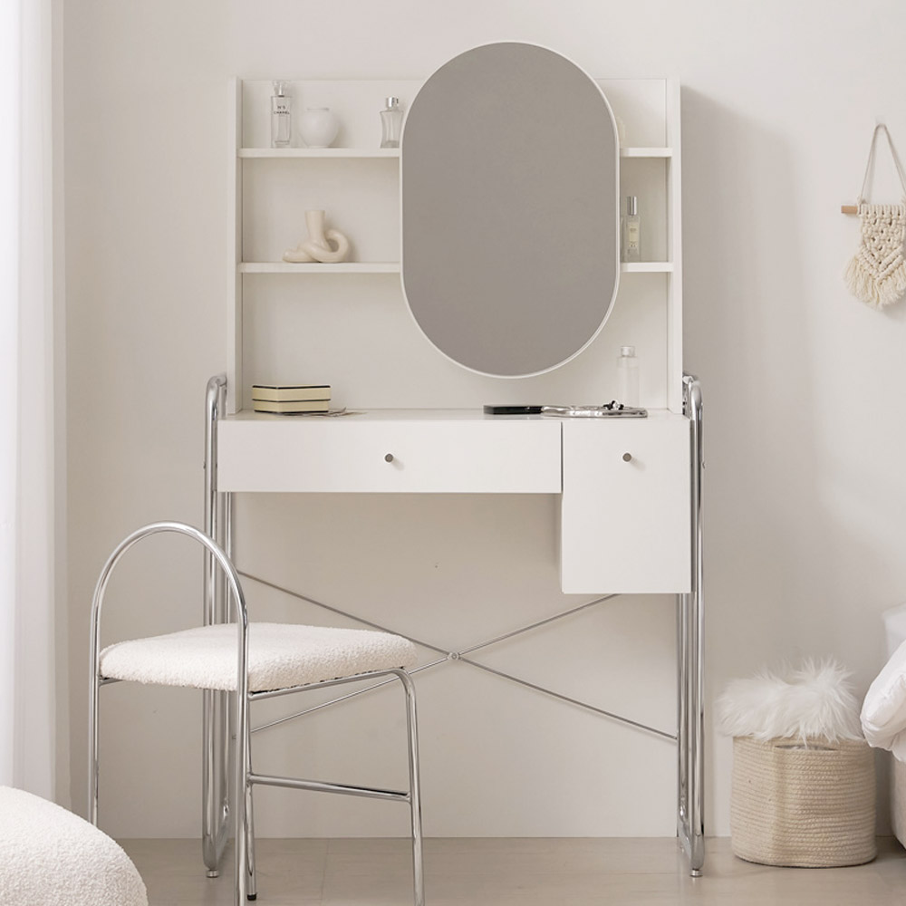 루스 미드센츄리 슬라이딩 거울 수납 화장대 크롬화이트 CNM238C