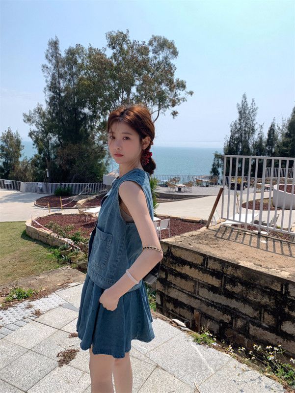 여성  여름 데님 청 셋업 민소매 조끼 플리츠 스커트 주름 치마 투피스 세트 캐주얼 데일리 바캉스룩 11222 - 상세 이미지 5