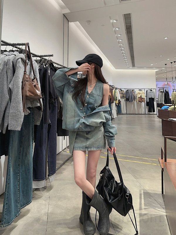 루즈핏 드롭숄더 박시 청자켓  가을 오버핏 워싱 데님자켓 빈티지 투피스 셋업  연청 간절기 여성 아우터 11311 - 상세 이미지 2