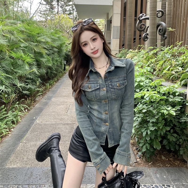가을 슬림핏 코르셋 디자인 워싱 데님자켓 빈티지 레트로 절개 라인 포켓 숏 청자켓 여성 스판 긴팔 간절기 아우터 11441 - 상품 이미지