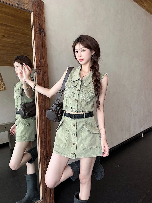 스터드 워싱 데님 크롭 조끼 미니 스커트 세트 여름 투피스 밀리터리 스타일 여성 캐주얼 데일리룩 11266 - 상세 이미지 5