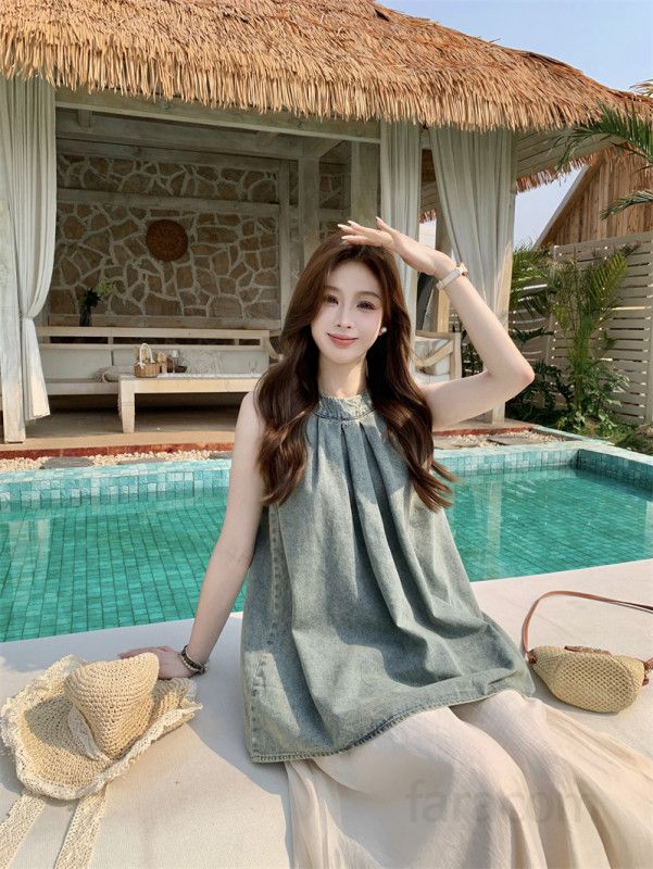 여성 여름 니트 민소매 라운드넥 워싱 플리츠 튜닉 원피스 루즈핏 체형커버 나시 중기장 캐주얼 데일리룩 11272 - 상세 이미지 3