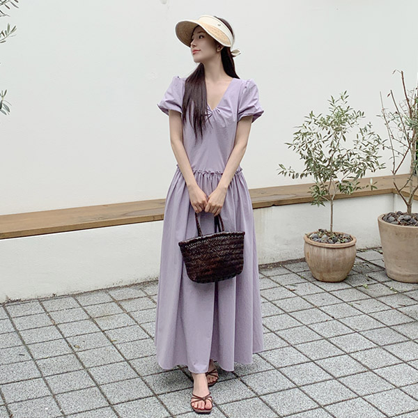 메이린 꼬임 퍼프 소매 플레어 롱 원피스 op16088