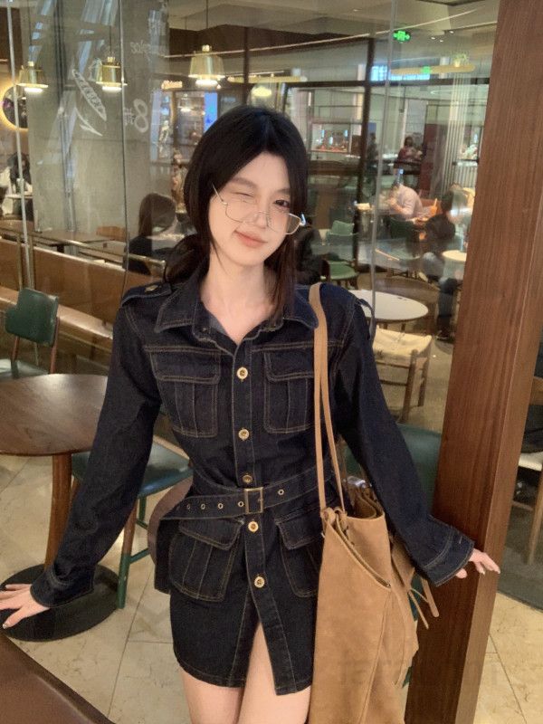 야상형 데님 셔츠 원피스 여성 루즈핏 미디기장 포켓 청자켓  가을 시크 무드 간절기 데일리 아우터 11450 - 상세 이미지 4