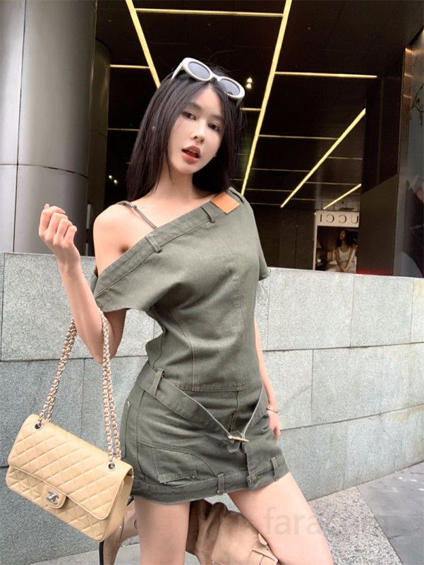 여성 데님 원피스 워싱 원숄더 카라 버튼 A라인 미니 언발란스 스커트 숏드레스 여름 데일리룩 11221 - 상세 이미지 3