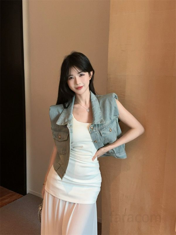 가을 어깨패드 파워숄더 숏 데님조끼 Y2K 빈티지 워싱 크롭 청조끼 레이어드 베스트 민소매 아우터 8878 - 상세 이미지 3