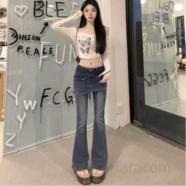 가을 여성 Y2K 스커트 레이어드 컷  하이웨스트 슬림핏 롱다리 워싱 데님 팬츠 유니크 치마바지 8687 - 상품 이미지