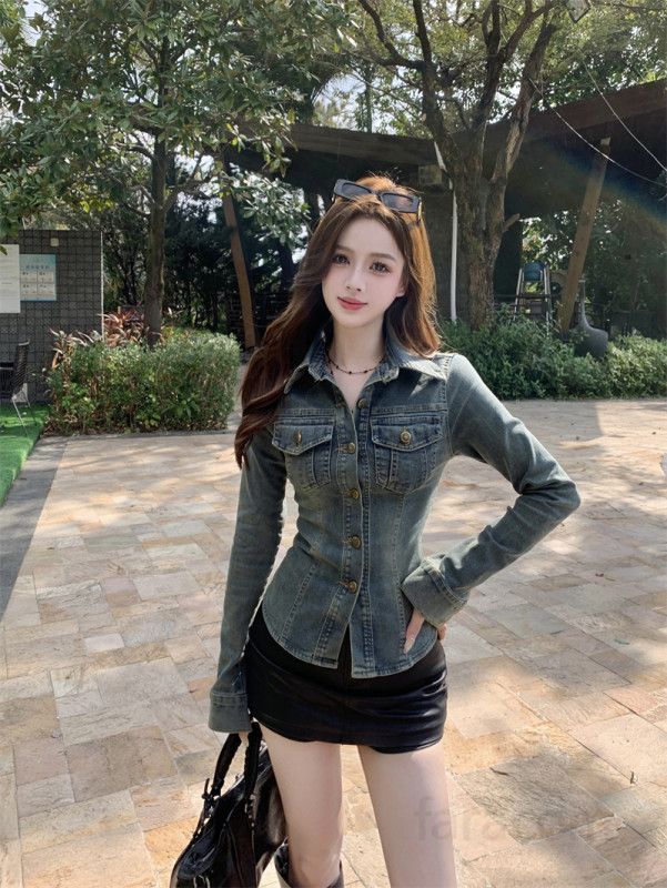 가을 슬림핏 코르셋 디자인 워싱 데님자켓 빈티지 레트로 절개 라인 포켓 숏 청자켓 여성 스판 긴팔 간절기 아우터 11441 - 상세 이미지 5