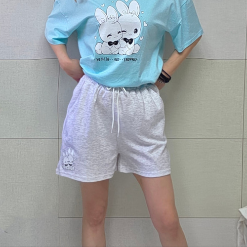 (국산면원단/국내자체생산) SET5002 두마리토끼 반팔티셔츠 반바지 세트 30대40대여성의류 - 상세 이미지 4
