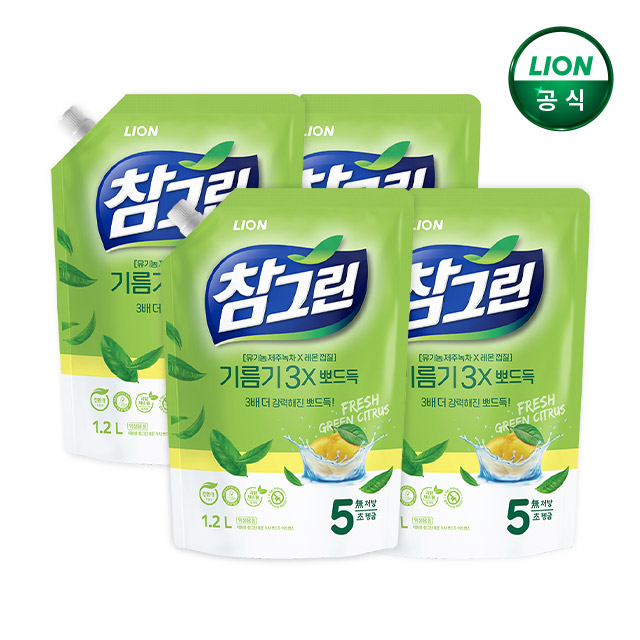 참그린 기름기뽀드득 주방세제 1.2L 리필 4개