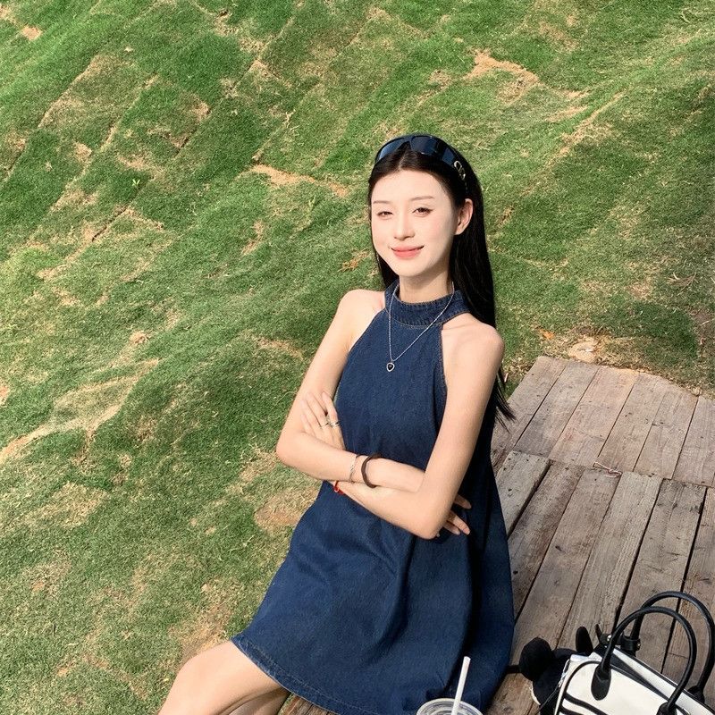 여성 데님 원피스 민소매 홀터넥 라운드넥 워싱 빈티지 A라인 미니 숏드레스 레트로 캐주얼 여름 데일리룩 11262