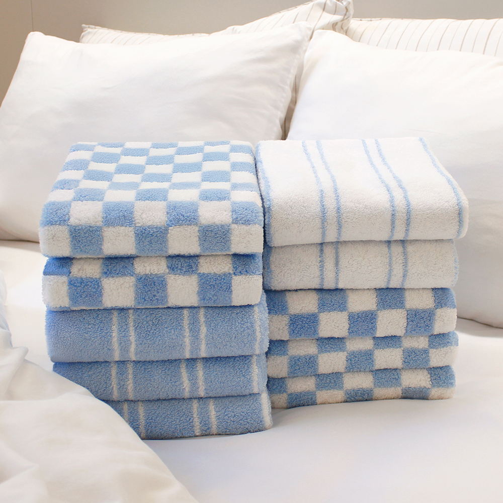 [단독] 어메니티타올 체커 디자인 수건 세면타올 40수 200g 10장+핸드타올 2장 세트