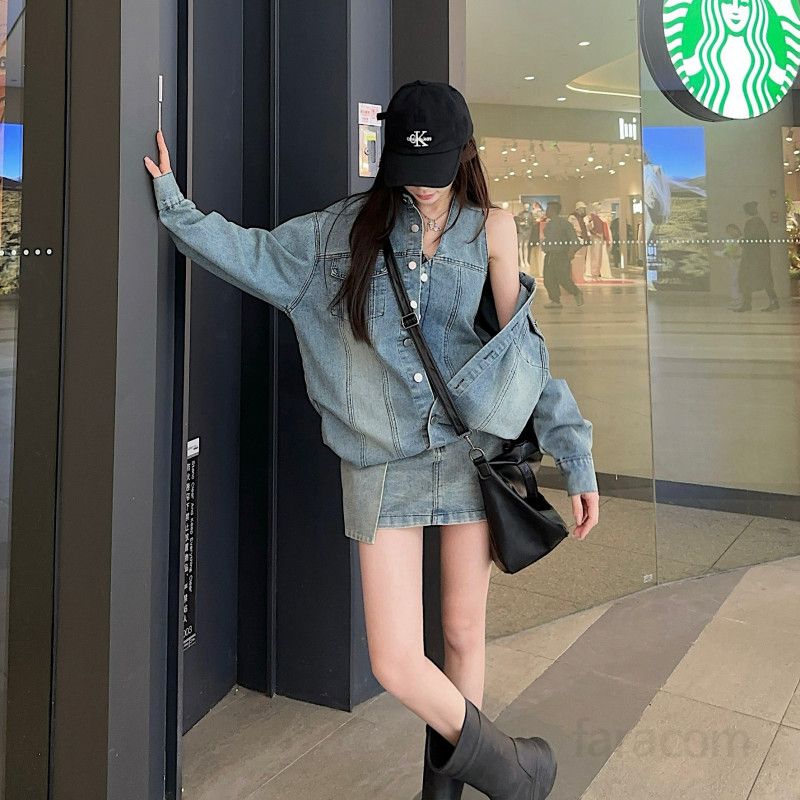 루즈핏 드롭숄더 박시 청자켓  가을 오버핏 워싱 데님자켓 빈티지 투피스 셋업  연청 간절기 여성 아우터 11311 - 상품 이미지