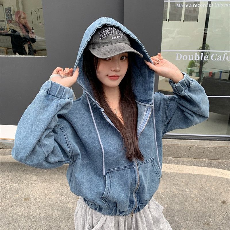 빈티지 워싱 크롭 데님 후드집업 여성 루즈핏  가을 벌룬소매 밑단밴딩 캐주얼 스트릿 무드 데일리 간절기 아우터 11413 - 상세 이미지 2