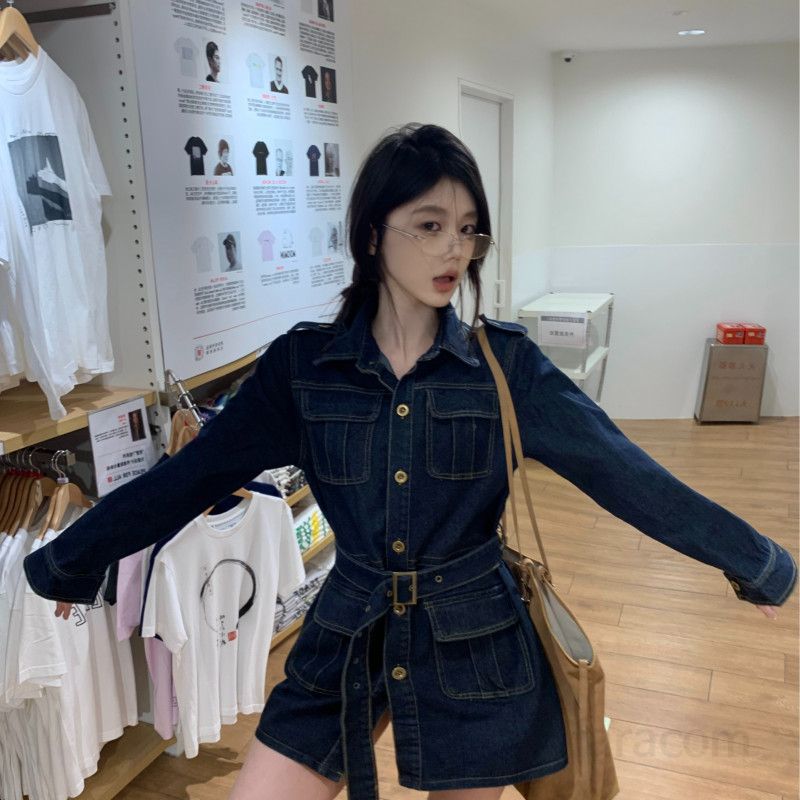 야상형 데님 셔츠 원피스 여성 루즈핏 미디기장 포켓 청자켓  가을 시크 무드 간절기 데일리 아우터 11450