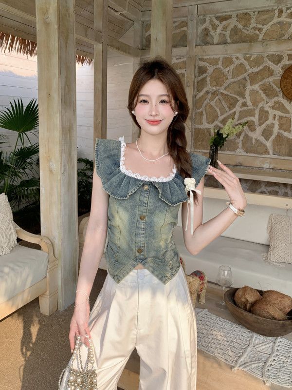 여성 데님 프릴 코르셋 튜브탑 오프숄더 크롭 상의 러블리 슬림핏 민소매 탑 워싱 빈티지 여름 데일리룩 11270 - 상세 이미지 4
