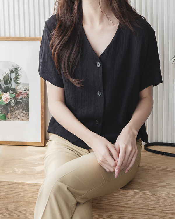 심플 브이넥 여름 반팔 자켓 블라우스 - 상세 이미지 2
