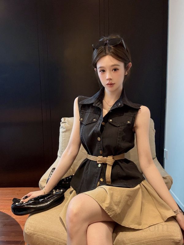 여성 여름 워싱 데님 민소매 조끼 카라 숏셔츠 치마바지 스커트팬츠 투피스 셋업 캐주얼 데일리 11273 - 상세 이미지 4