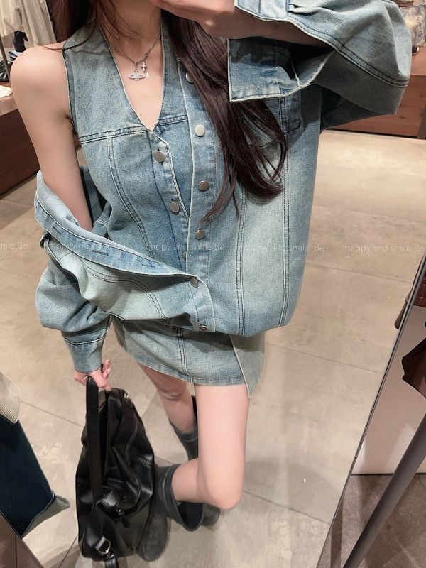루즈핏 드롭숄더 박시 청자켓  가을 오버핏 워싱 데님자켓 빈티지 투피스 셋업  연청 간절기 여성 아우터 11311 - 상세 이미지 3
