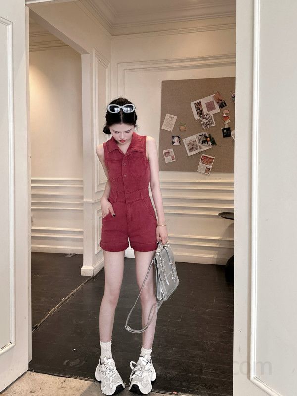 여성 여름 데님 점프수트 롬퍼 민소매 카라 워싱 숏팬츠 슬림핏 롤업 포켓 데일리룩 11257 - 상세 이미지 4