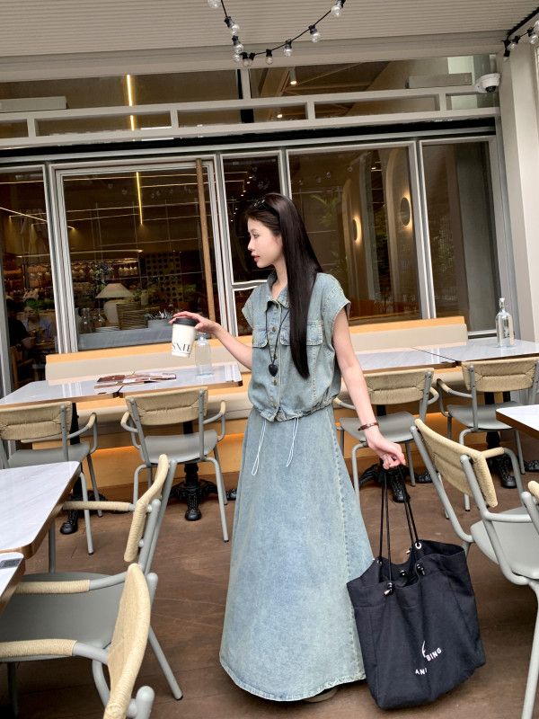 봄 여름 워싱 데님 크롭 조끼 롱스커트 세트 투피스룩 A라인 맥시 청치마 캐주얼 데일리룩 11521 - 상세 이미지 3