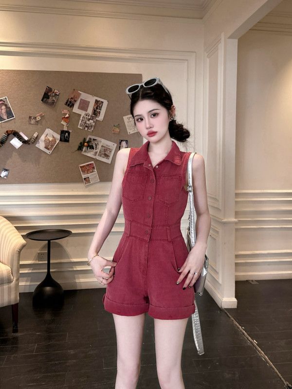 여성 여름 데님 점프수트 롬퍼 민소매 카라 워싱 숏팬츠 슬림핏 롤업 포켓 데일리룩 11257 - 상세 이미지 3
