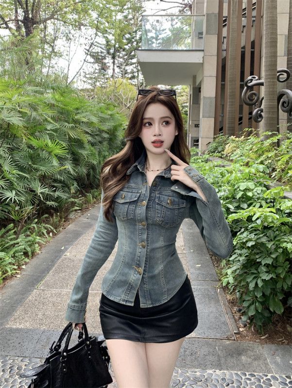 가을 슬림핏 코르셋 디자인 워싱 데님자켓 빈티지 레트로 절개 라인 포켓 숏 청자켓 여성 스판 긴팔 간절기 아우터 11441 - 상세 이미지 2
