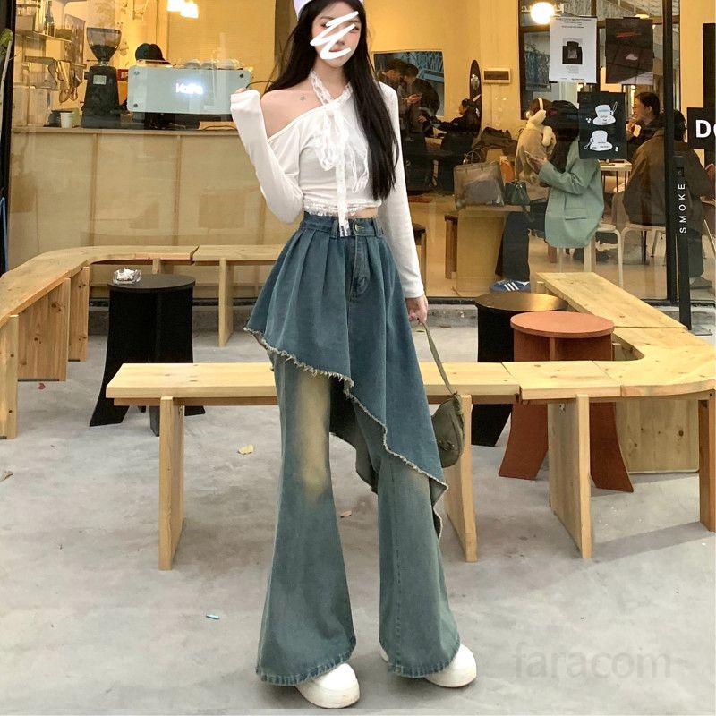가을 Y2K 언발란스 레이어드 치마바지 그라데이션 워싱 컷 데님팬츠 하이웨스트 롱  8688 - 상품 이미지