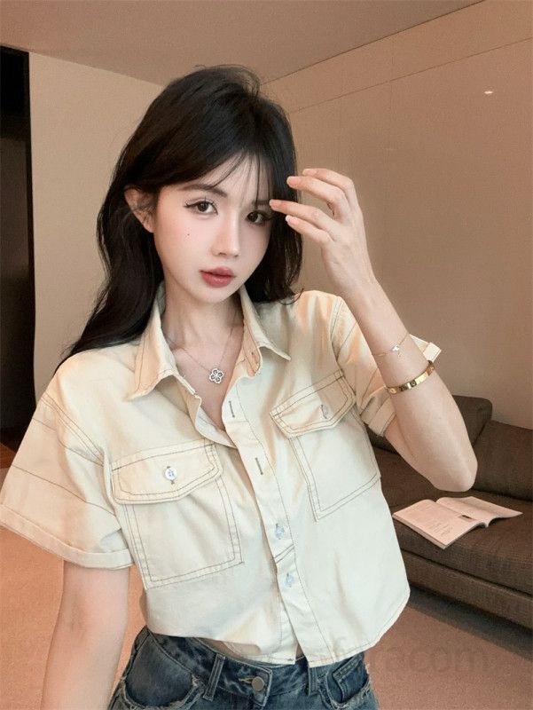 여름 루즈핏 투포켓 크롭 반팔 셔츠 숏 카라 남방 캐주얼 데일리룩 아우터 11276 - 상세 이미지 5