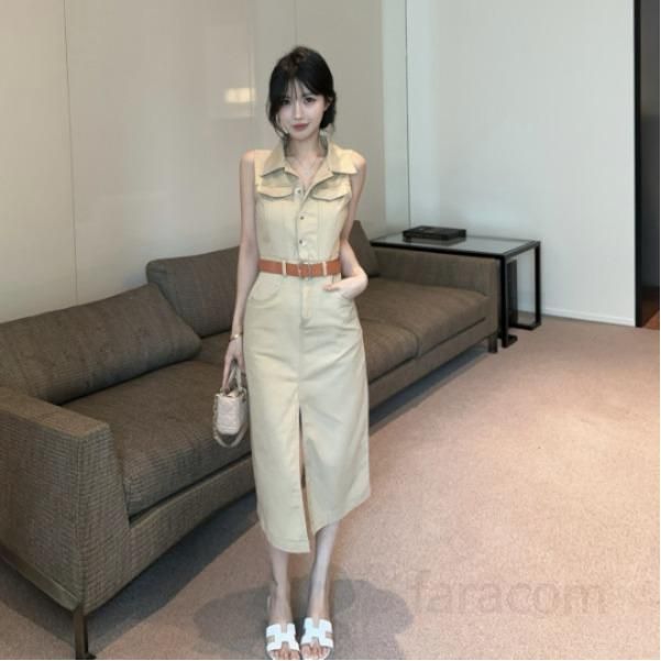 여성 워싱 데님 원피스 민소매 카라 버튼 포켓 하이웨스트 미디 롱 슬릿 여름 데일리룩 11251 - 상품 이미지