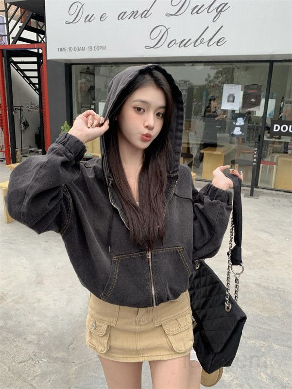 빈티지 워싱 크롭 데님 후드집업 여성 루즈핏  가을 벌룬소매 밑단밴딩 캐주얼 스트릿 무드 데일리 간절기 아우터 11413 - 상세 이미지 3