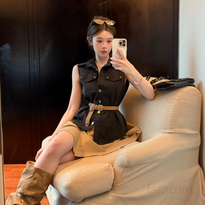 여성 여름 워싱 데님 민소매 조끼 카라 숏셔츠 치마바지 스커트팬츠 투피스 셋업 캐주얼 데일리 11273 - 상품 이미지