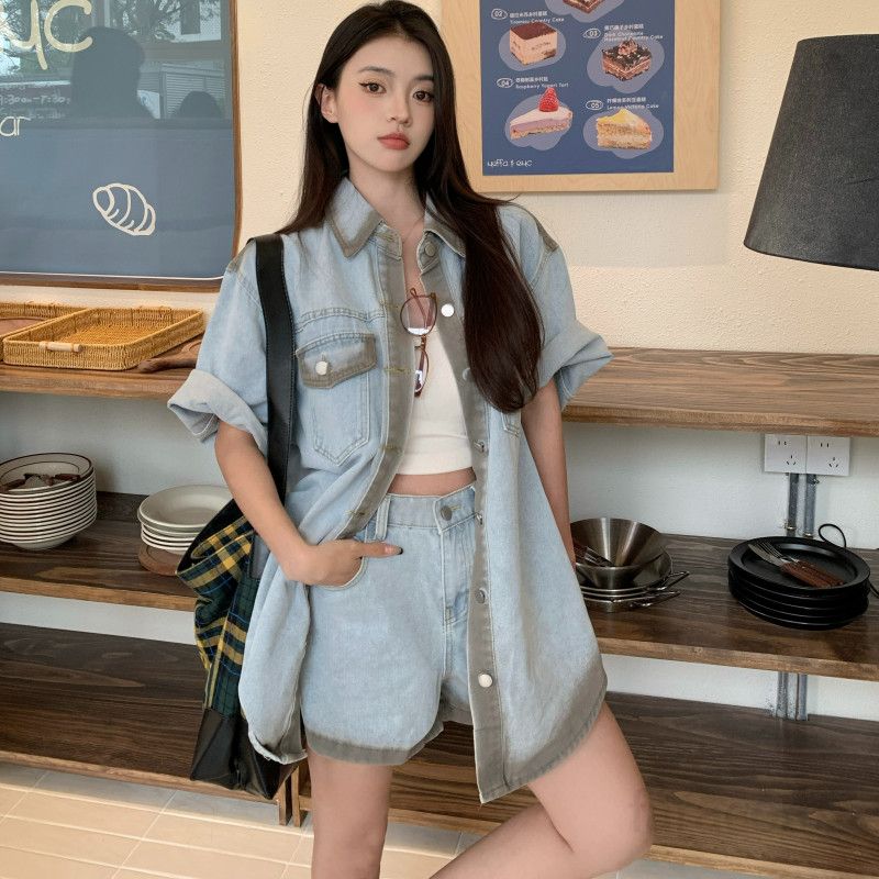 여성 데님 투피스 세트 카라 반팔 오버핏 셔츠 루즈핏 숏팬츠 워싱 빈티지 여름 캐주얼 데일리룩 1808 - 상품 이미지