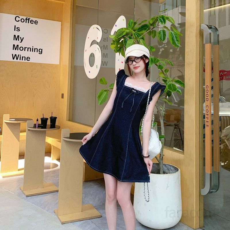 봄 여름 레트로 스퀘어넥 러플소매 레이스 데님 미니 원피스 여성 데이트룩 A라인 청원피스 11525