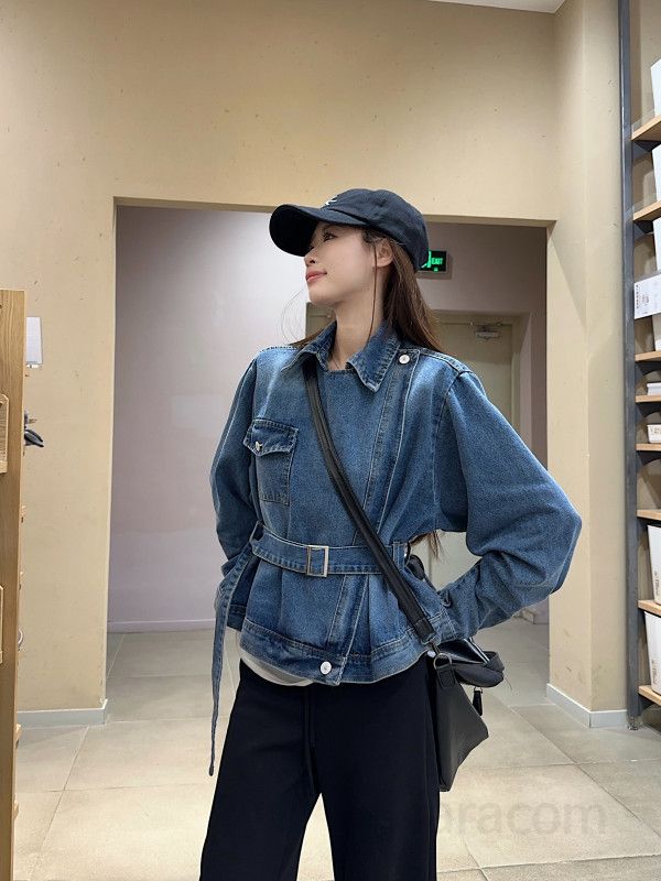 가을 오버핏  데님자켓 언발란스 사선지퍼 벨트 스트랩 숏 청자켓 돌먼소매 루즈핏 크롭 간절기 아우터 11437 - 상세 이미지 3
