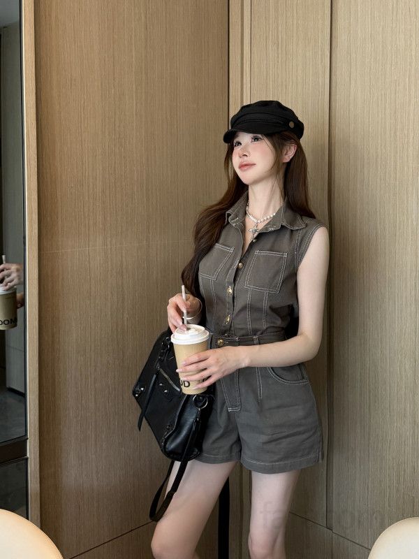 여성 데님 투피스 세트 민소매 카라 버튼 조끼 크롭 상의 스티치 숏팬츠 여름 캐주얼 데일리룩 11275 - 상세 이미지 5