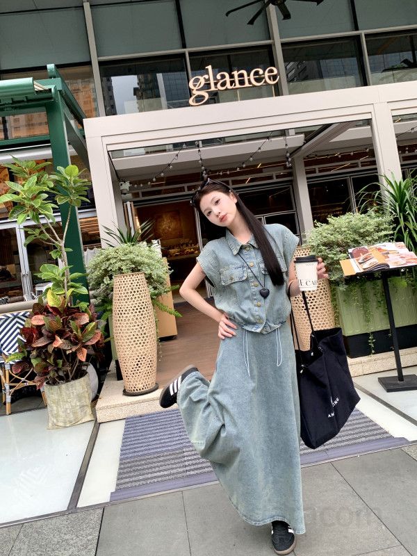 봄 여름 워싱 데님 크롭 조끼 롱스커트 세트 투피스룩 A라인 맥시 청치마 캐주얼 데일리룩 11521 - 상세 이미지 2