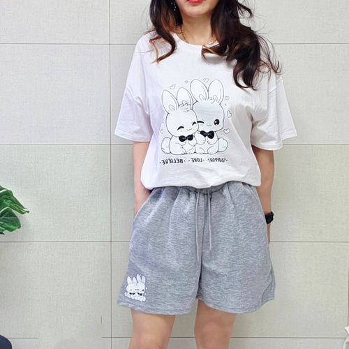 (국산면원단/국내자체생산) SET5002 두마리토끼 반팔티셔츠 반바지 세트 30대40대여성의류 - 상세 이미지 2