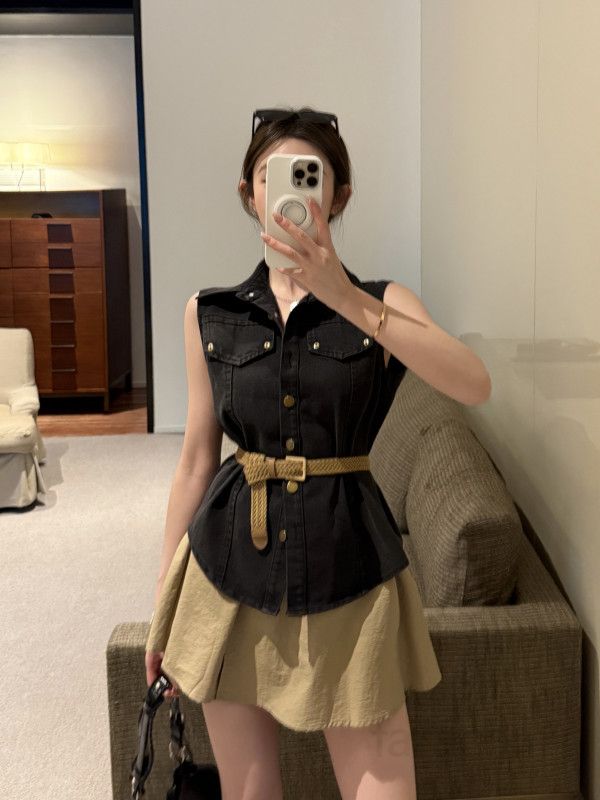 여성 여름 워싱 데님 민소매 조끼 카라 숏셔츠 치마바지 스커트팬츠 투피스 셋업 캐주얼 데일리 11273 - 상세 이미지 3