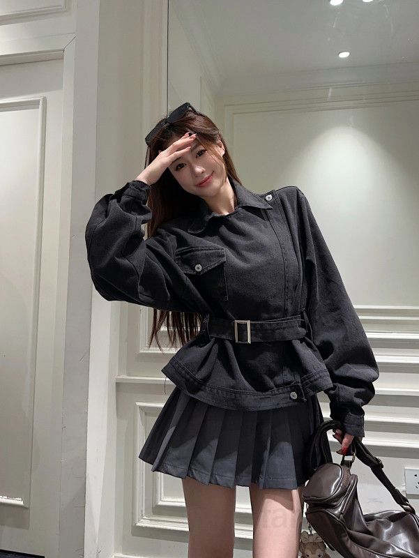 가을 오버핏  데님자켓 언발란스 사선지퍼 벨트 스트랩 숏 청자켓 돌먼소매 루즈핏 크롭 간절기 아우터 11437 - 상세 이미지 5