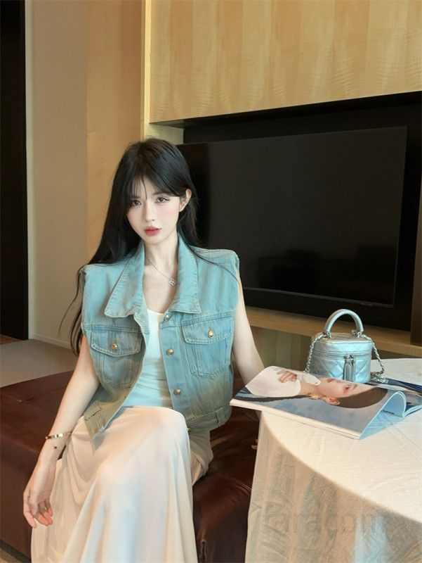 가을 어깨패드 파워숄더 숏 데님조끼 Y2K 빈티지 워싱 크롭 청조끼 레이어드 베스트 민소매 아우터 8878 - 상세 이미지 5