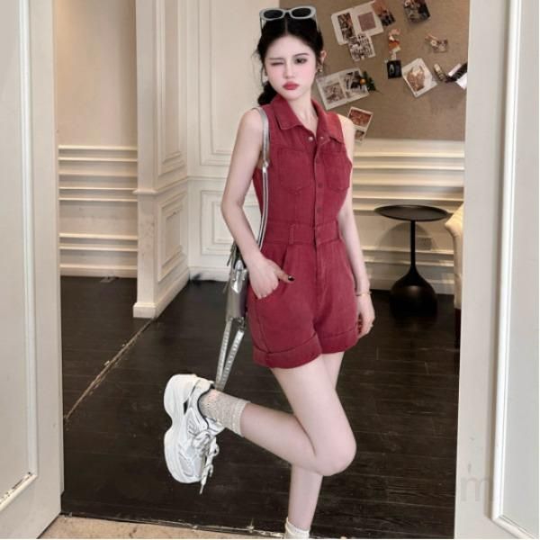 여성 여름 데님 점프수트 롬퍼 민소매 카라 워싱 숏팬츠 슬림핏 롤업 포켓 데일리룩 11257 - 상품 이미지