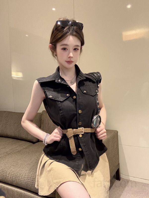 여성 여름 워싱 데님 민소매 조끼 카라 숏셔츠 치마바지 스커트팬츠 투피스 셋업 캐주얼 데일리 11273 - 상세 이미지 2