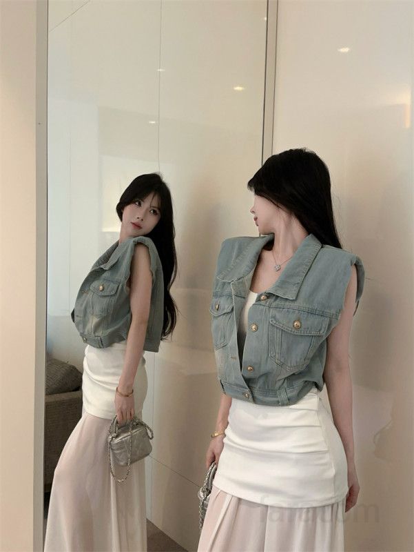 가을 어깨패드 파워숄더 숏 데님조끼 Y2K 빈티지 워싱 크롭 청조끼 레이어드 베스트 민소매 아우터 8878 - 상세 이미지 4