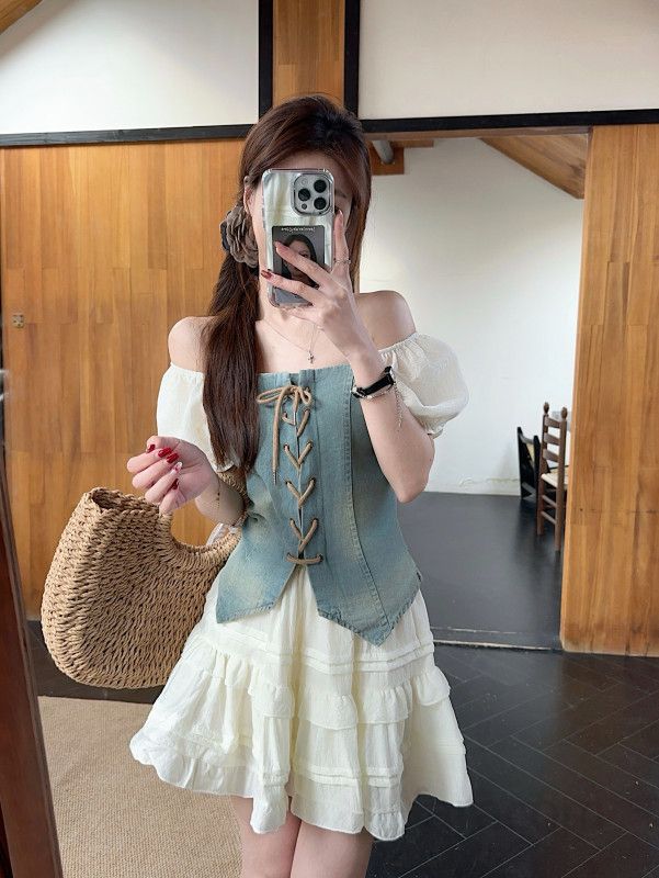 러블리 데일리룩 여성 오프숄더 프릴 코르셋 상의 레이스 미니 캉캉 스커트 투피스 세트 빈티지 워싱 데님 여름 11174 - 상세 이미지 5